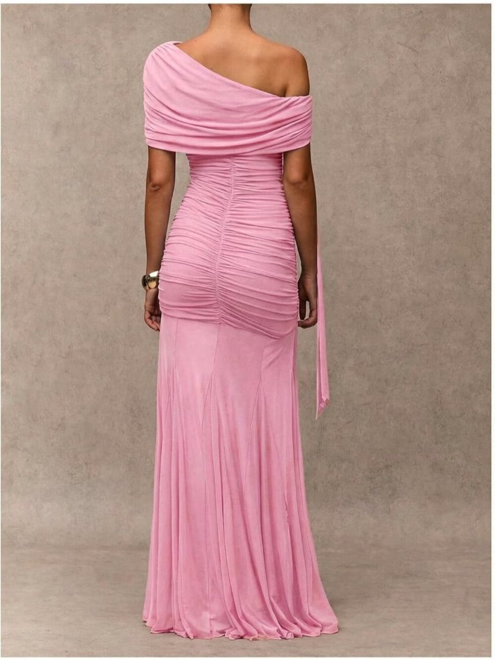 Women's Pink Statement Off Shoulder Ruched Mesh Formal Corset Dress - Picture 2 of 7